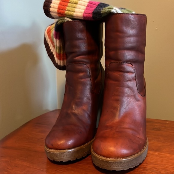 Coach Whisky Brown Leather Legacy Stripe Wool
Sock Laurette Boots Size 8.5 Fall - Picture 6 of 10
